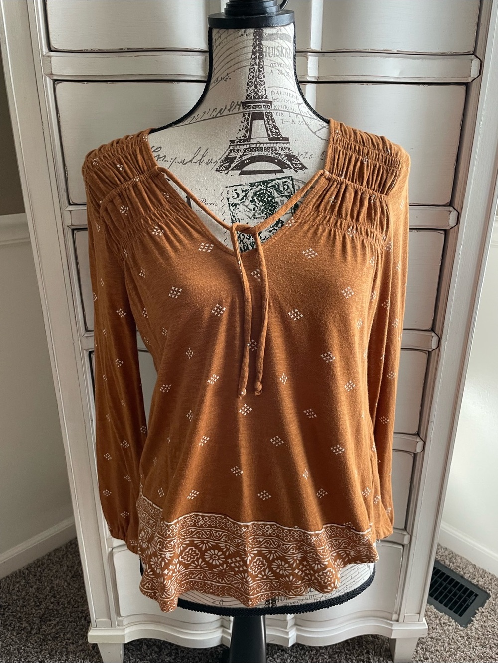 Lucky Brand Rust Brown Tie-Front Boho Blouse size S